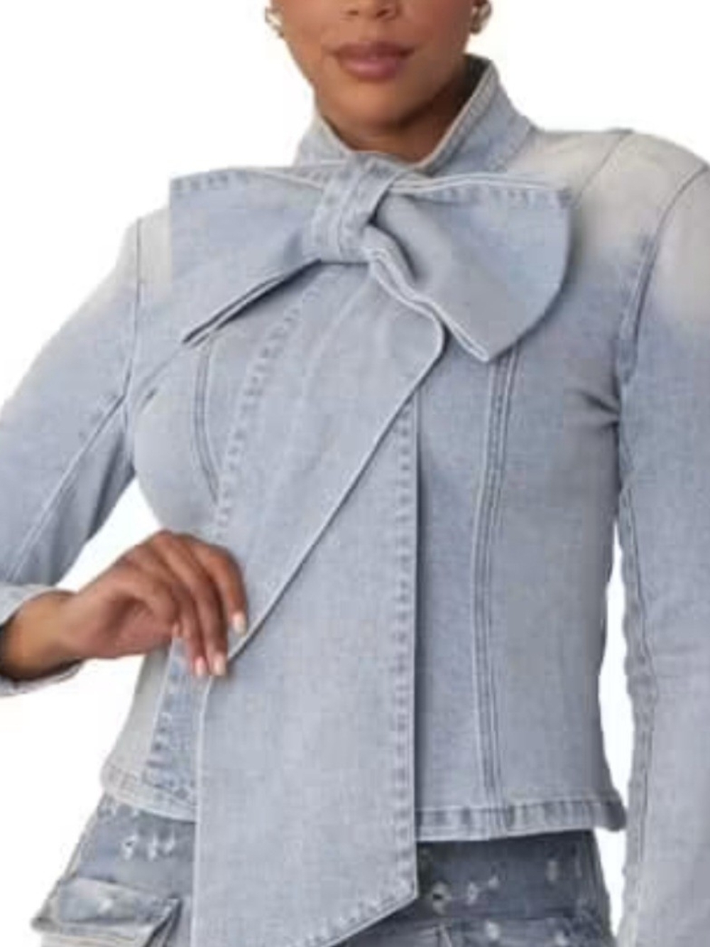 Light Wash Denim Bow-Accent Jacket - Women